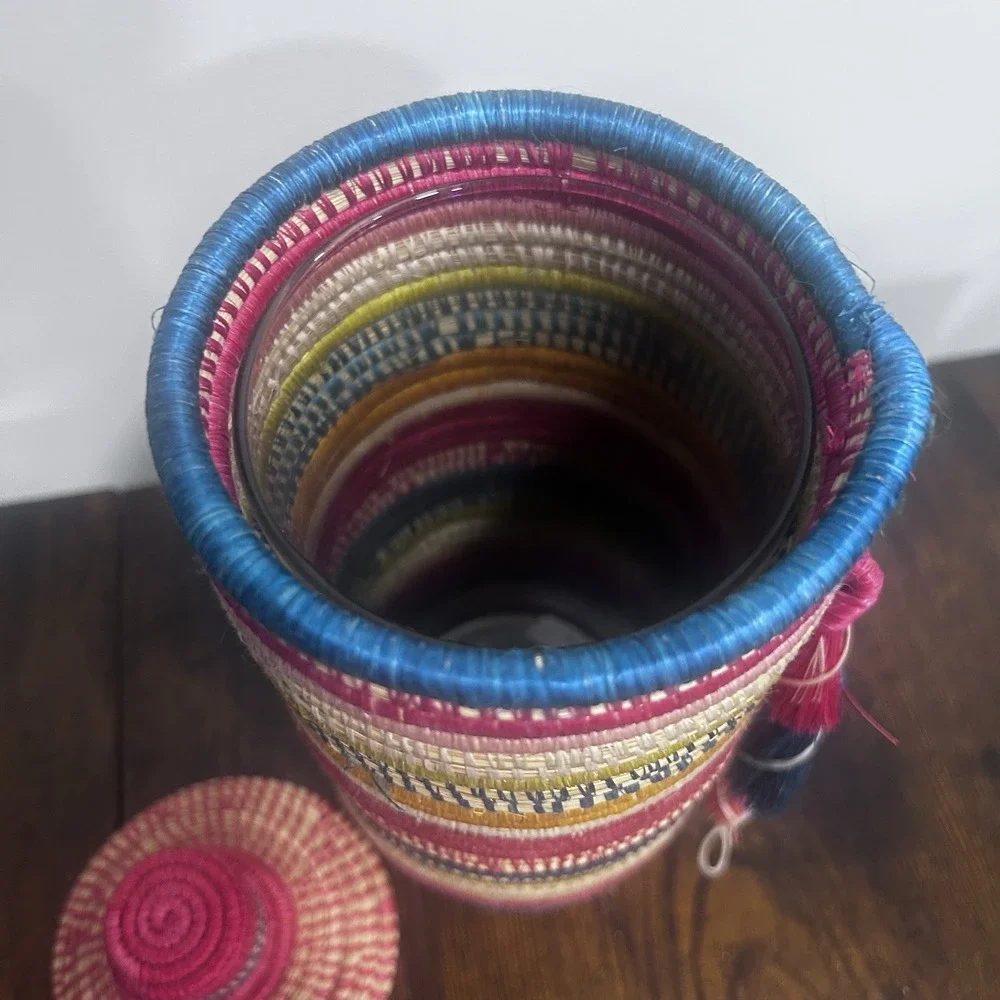 Artist Basket Tightly Woven Sweet grass Colorful Coil With Lid and Glass Insert